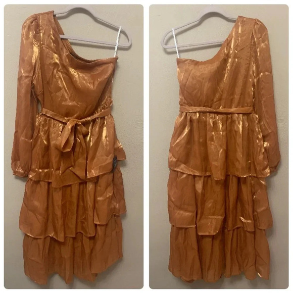 Lulus Sweet Excellence Shiny Rust Orange One-Shoulder Tiered Dress Medium NWT - Picture 3 of 15